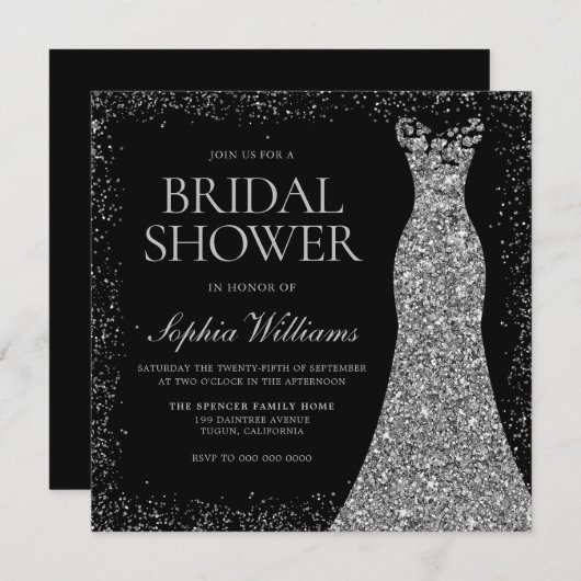 Silver Sparkle Glitzer Dress Gown Brautparty Einladung (Vorne/Hinten)