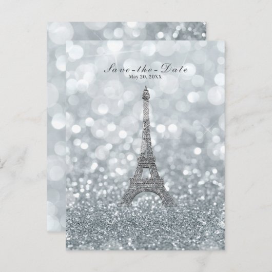 Silver Sparkle Glitzer Eiffelturm Save the Date Ankündigungspostkarte (Vorne/Hinten)