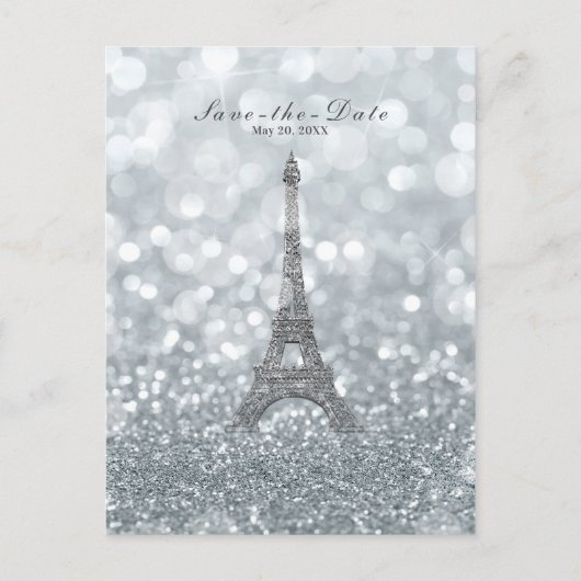 Silver Sparkle Glitzer Eiffelturm Save the Date Ankündigungspostkarte (Vorderseite)