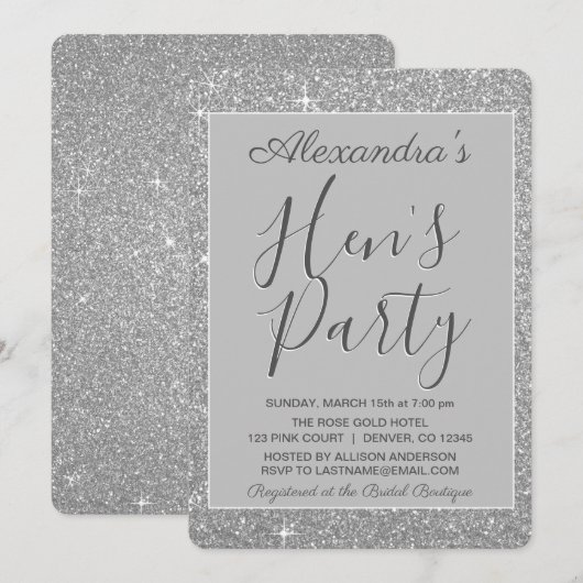 Silver Sparkle Glitzer Hens Party Einladung (Vorne/Hinten)