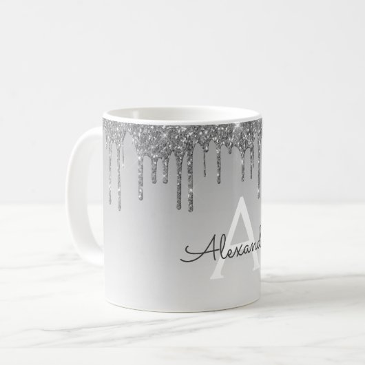 Silver Sparkle Glitzer Luxus Monogram Name Kaffeetasse (Vorderseite Links)