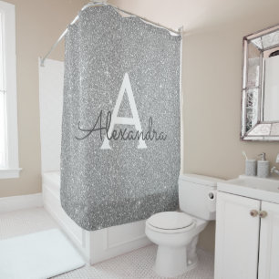 Silver Sparkle Glitzer Monogram Name Badezimmer Duschvorhang