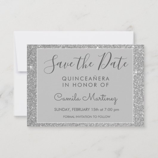 Silver Sparkle Glitzer Quinceanera Save the Date (Rückseite)