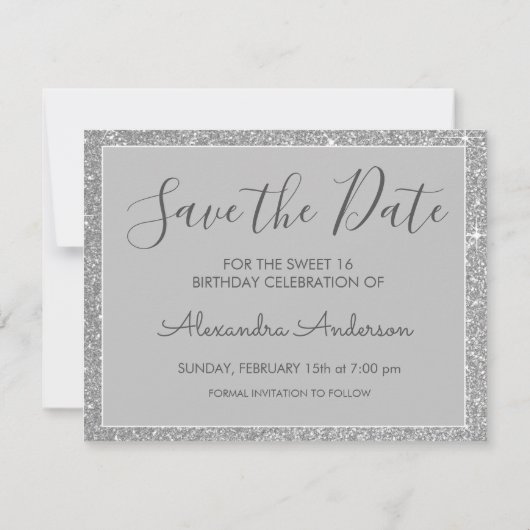 Silver Sparkle Glitzer Sweet 16 Save the Date (Rückseite)