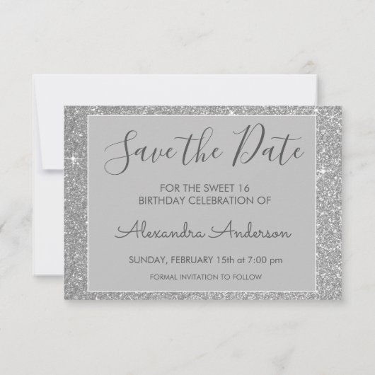 Silver Sparkle Glitzer Sweet 16 Save the Date (Rückseite)