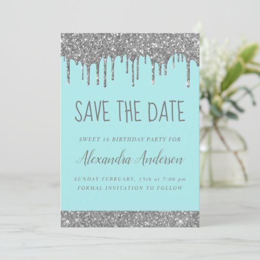 Silver Sparkle Glitzer Sweet 16 Save the Date Einladung (Stehend Vorderseite)