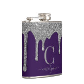 Silver Sparkle-Glitzer-Tropfen auf Lila Monogramm Flachmann (Rechts)