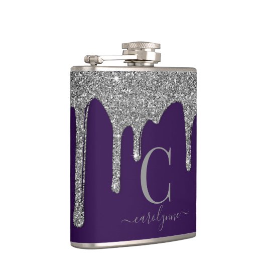 Silver Sparkle-Glitzer-Tropfen auf Lila Monogramm Flachmann (Rechts)