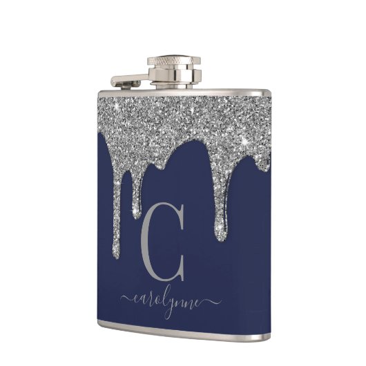 Silver Sparkle Glitzer Tropfen Navy Blue Monogram Flachmann (Links)
