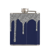Silver Sparkle Glitzer Tropfen Navy Blue Monogram Flachmann (Rückseite)