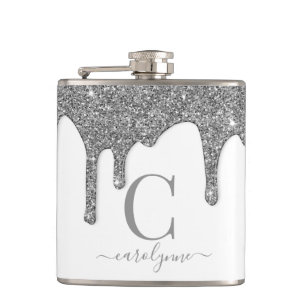 Silver Sparkle Glitzer Tropfen White Monogram Flachmann