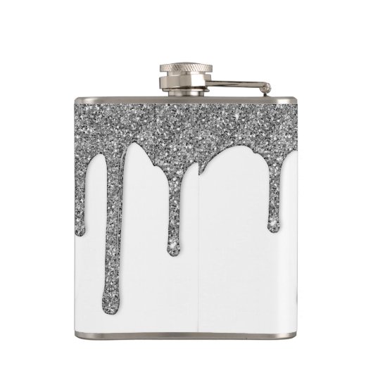 Silver Sparkle Glitzer Tropfen White Monogram Flachmann (Rückseite)
