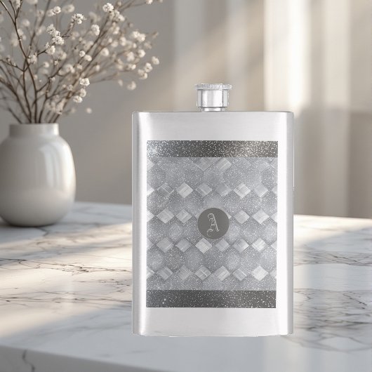 Silver Sparkle Luxury Topography Metallic Monogram Flachmann