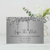 Silver Sparkle Luxus Glitzer Tropfen Quinceanera Save The Date (Stehend Vorderseite)