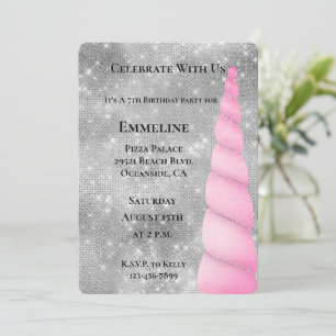 Silver Sparkle Pink Glam Unicorn Geburtstag Einladung