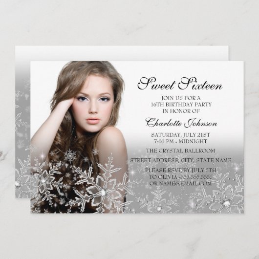 Silver Sparkle Snowflake Foto Sweet 16 Einladung (Vorne/Hinten)