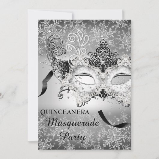 Silver Sparkle Snowflake Masquerade Quinceanera Einladung (Vorderseite)