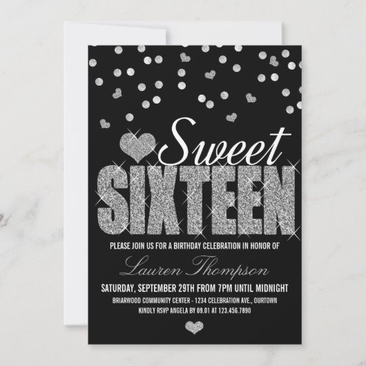 Silver Sparkle Sweet 16 Party Einladungen (Vorderseite)