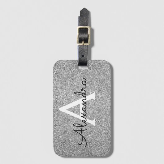 Silver Sparkle Twinkle Glitzer Monogram Name Gepäckanhänger (Vorderseite Vertikal)