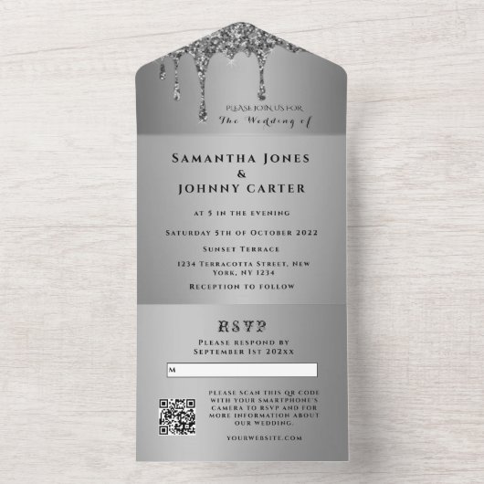Silver Sparkle UAWG Elegante Moderne Hochzeit All In One Einladung (Innen Boden)