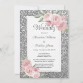 Silver sparkly glitter pink floral Wedding  Einladung (Vorderseite)