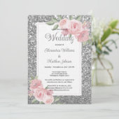 Silver sparkly glitter pink floral Wedding  Einladung (Stehend Vorderseite)