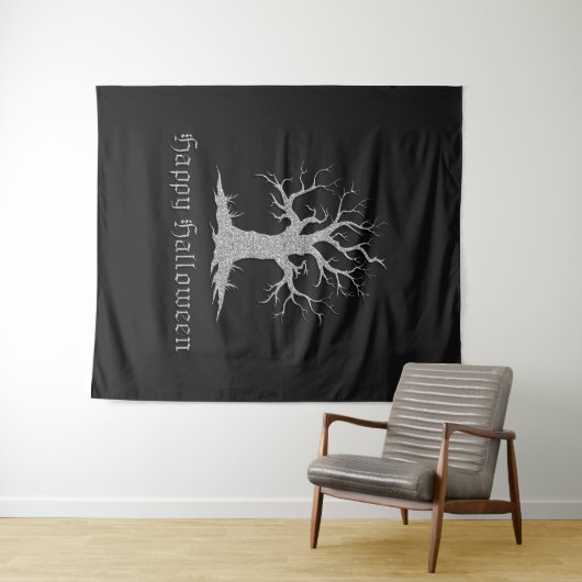 Silver Spooky Tree Halloween Foto Hintergrund Wandteppich (Beispiel (Horizontal))