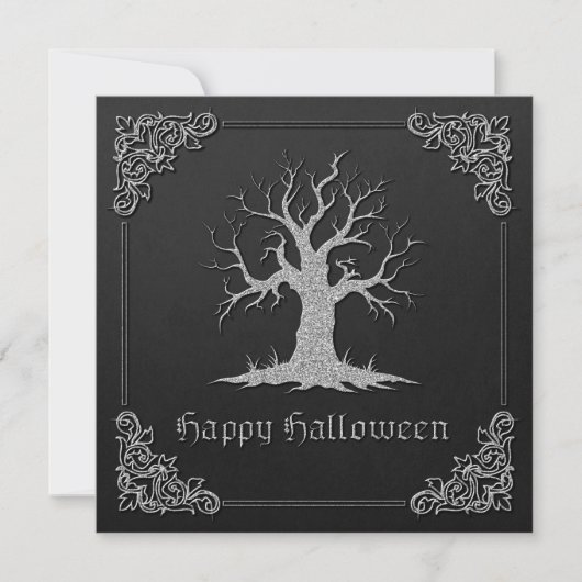 Silver Spooky Tree Halloween Grußkarte (Vorderseite)