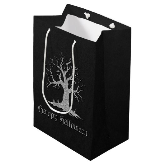 Silver Spooky Tree Halloween Mittlere Geschenktüte (Vorderseite Schrägansicht)
