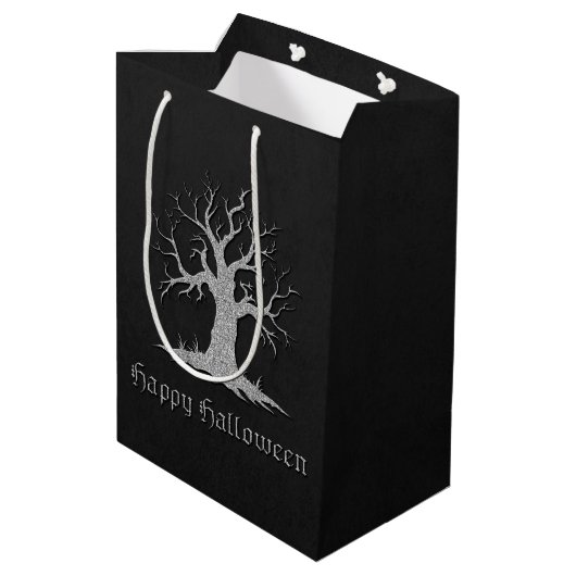 Silver Spooky Tree Halloween Mittlere Geschenktüte (Rückseite Schrägansicht)