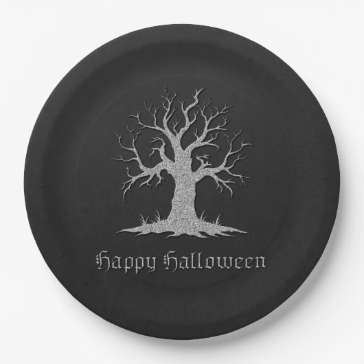 Silver Spooky Tree Halloween Pappteller (Vorderseite)