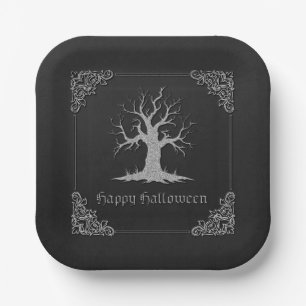 Silver Spooky Tree Halloween Pappteller