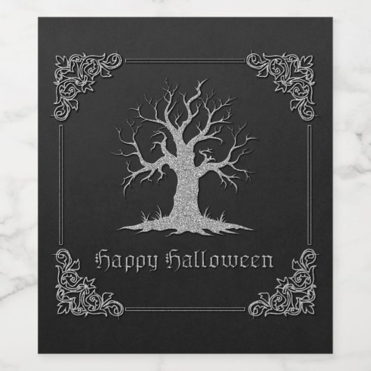 Silver Spooky Tree Halloween Weinetikett (Einzelnes Label)