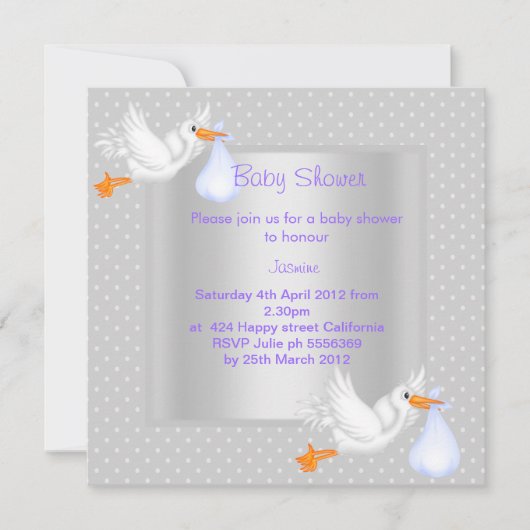 SILVER SPOT STORK BABY SHOWER EINLADUNG (Vorderseite)