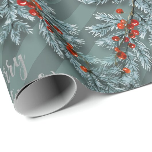 Silver Spruce Red Berries Lattice Frohe Weihnachte Geschenkpapier (Rolleneckpunkt)