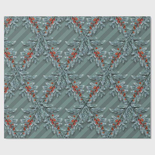 Silver Spruce Red Berries Lattice Strichen Geschenkpapier (Flach)