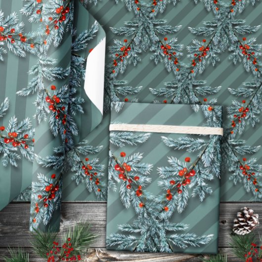 Silver Spruce Red Berries Lattice Strichen Geschenkpapier