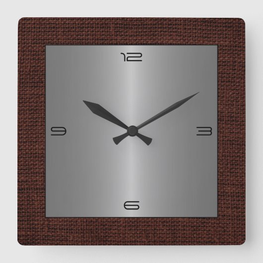 Silver Stainless Steel Modern Burlap Border #2 Quadratische Wanduhr (Vorderseite)