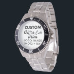 Silver Stainless Steel Watch Custom Geschenke für Armbanduhr<br><div class="desc">Kundenspezifische Geschenke für seine personalisierte silberfarbene Stahluhr. Laden Sie Logo, Foto, Bild, Design und fügen Sie Ihren eigenen Text zu Ihrem eigenen personalisierten Geburtstag, Weihnachten, Vatertag, Valentinstag Feier, Bürogeschenke für ihn (Mann, Männer, Mann, Freund, Vater, Vater, Vater, junger Mann, Sohn).</div>