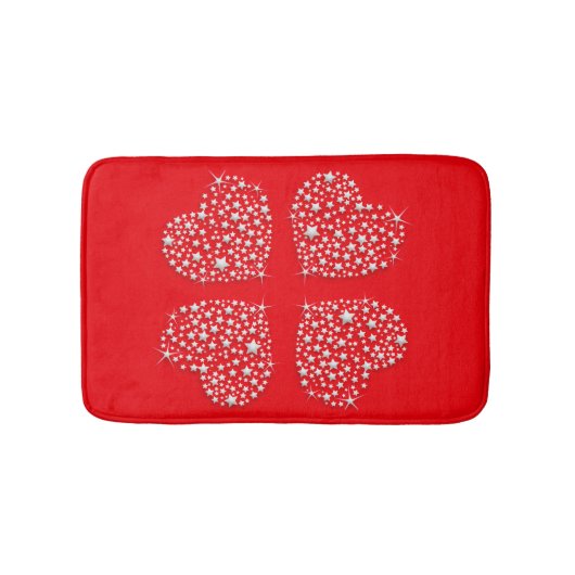Silver Star Hearts on Red Background Badematte (Vorderseite)