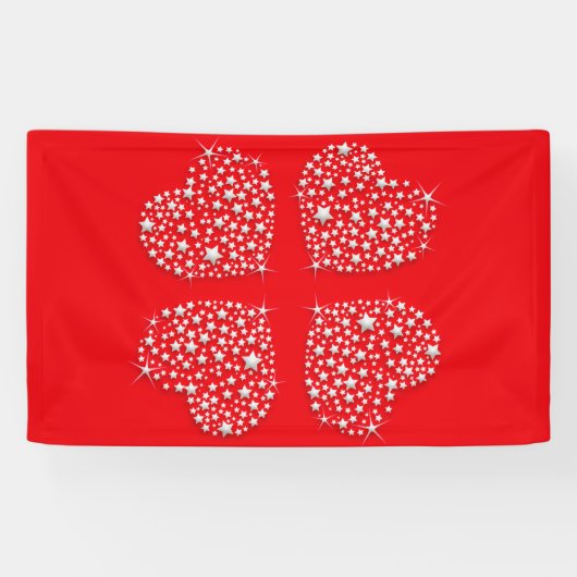 Silver Star Hearts on Red Background Banner (Horizontal)