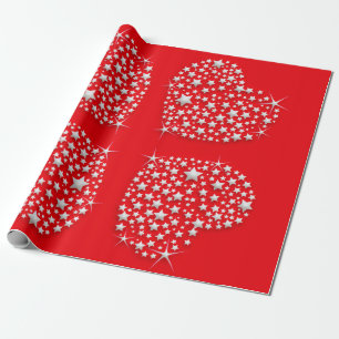 Silver Star Hearts on Red Background Geschenkpapier