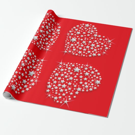 Silver Star Hearts on Red Background Geschenkpapier (Ungerollt)