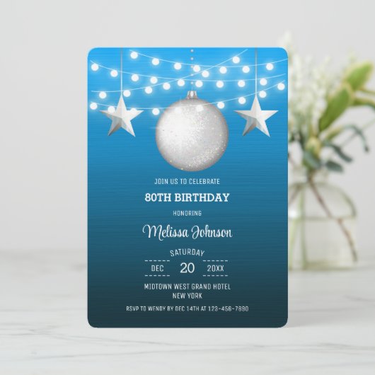 Silver Star String Light Blue Gradient Birthday Einladung (Stehend Vorderseite)