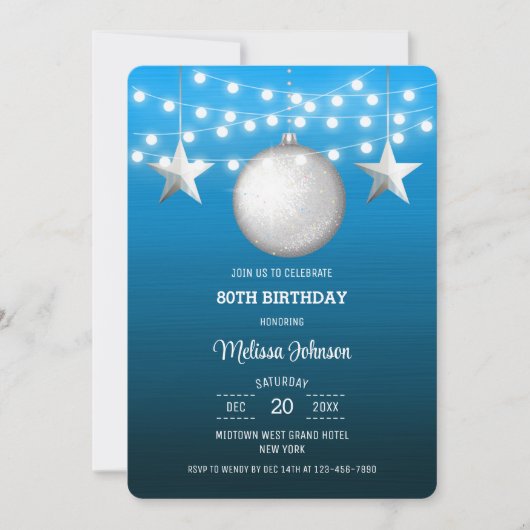 Silver Star String Light Blue Gradient Birthday Einladung (Vorderseite)