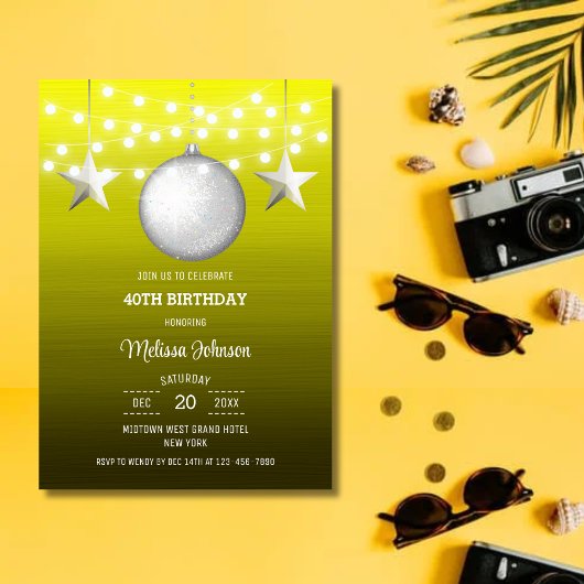 Silver Star String Light Yellow Gradient Birthday Einladung