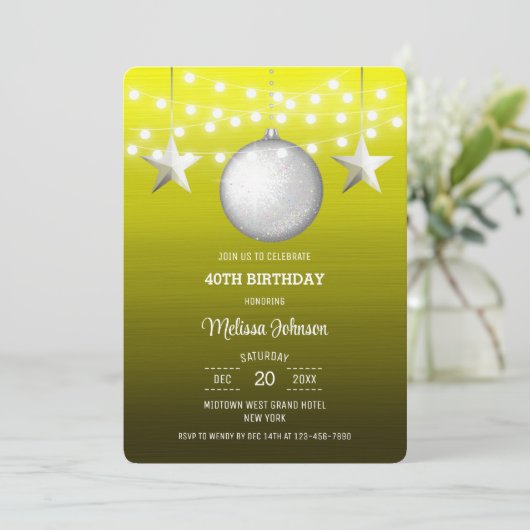 Silver Star String Light Yellow Gradient Birthday Einladung (Stehend Vorderseite)