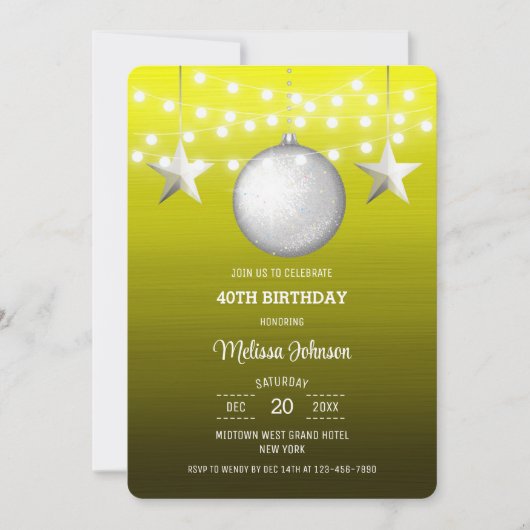 Silver Star String Light Yellow Gradient Birthday Einladung (Vorderseite)