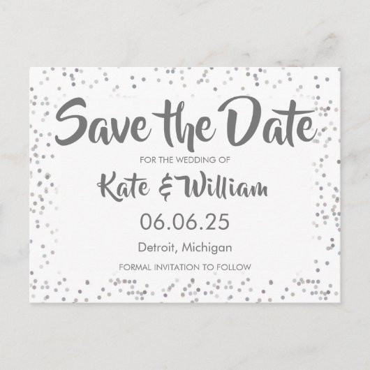 Silver Stardust Confetti Save the Date Ankündigungspostkarte (Vorderseite)