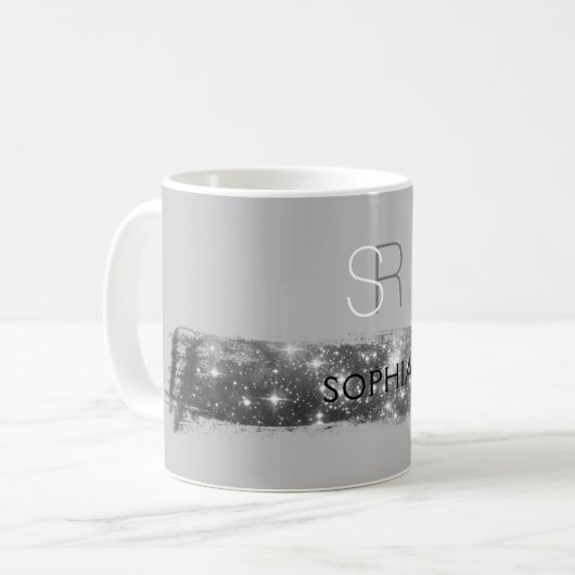 Silver Stardust Pinselstriche, Monogramm/Name, gra Kaffeetasse (Vorderseite Links)